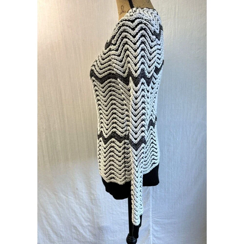 Etcetera Women's Black White Chevron Knit Cotton Blend Long Sleeve Sweater Sz M
